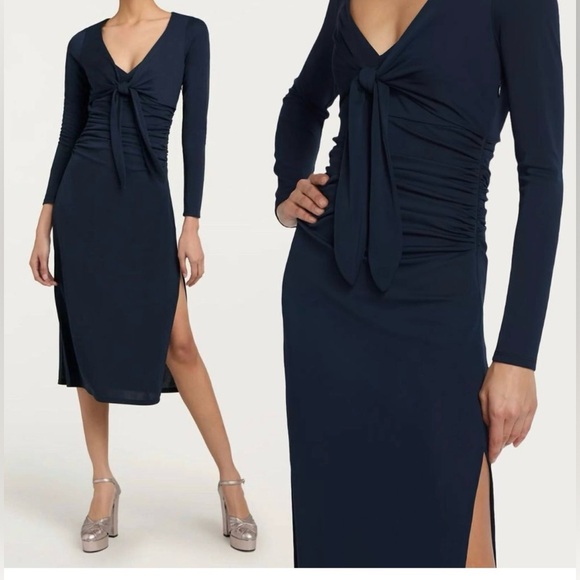 Cinq à Sept Brenna Knot-Tie‎ Gathered Crepe Midi Dress Peacock Blue Sz 8 and 6 - Picture 1 of 8